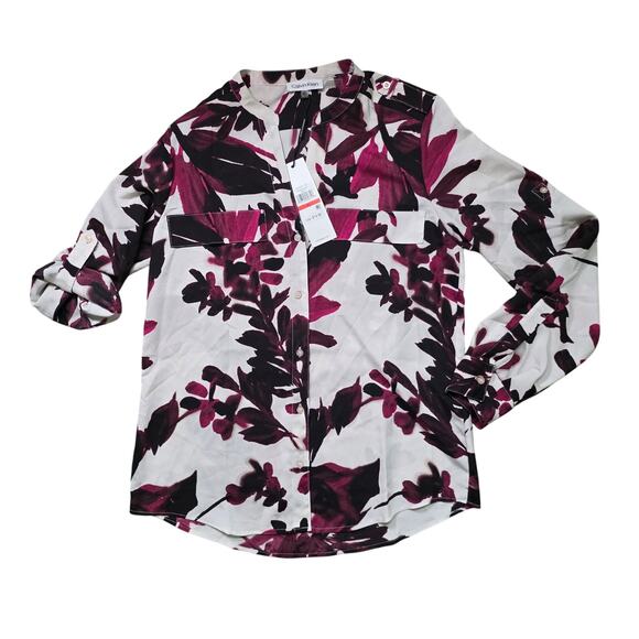 Calvin Klein Smock Yoke Chiffon Button-Front Tie Blouse Women’s XS - Picture 1 of 4